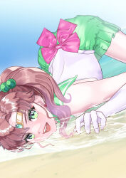 1girl absurdres arion_canvas back_bow beach bishoujo_senshi_sailor_moon bow brown_hair circlet earrings elbow_gloves eyeshadow flower_earrings gem gloves green_eyes green_eyeshadow green_gemstone green_sailor_collar green_skirt hair_bobbles hair_ornament highres jewelry kino_makoto leotard long_hair looking_at_viewer magical_girl makeup nails_visible_through_gloves open_mouth partially_submerged pink_bow pleated_skirt ponytail sailor_collar sailor_jupiter sailor_senshi_uniform skirt smile teeth top-down_bottom-up upper_teeth_only white_gloves white_leotard