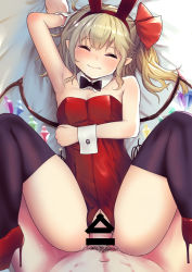 Rule 34 | 1boy, 1girl, alternate costume, animal ears, arm under breasts, arm up, armpits, ass, bare shoulders, black thighhighs, blonde hair, blush, bow, breasts, censored, cleavage, closed eyes, commentary request, crotch cutout, crystal, culter, detached collar, fake animal ears, flandre scarlet, hair between eyes, hair bow, hetero, high heels, highres, knees up, leotard, long hair, no panties, penis, playboy bunny, pussy, rabbit ears, red bow, red leotard, sex, side ponytail, small breasts, smile, solo focus, spread legs, tears, thighhighs, thighs, touhou, vaginal, vampire, wings, wrist cuffs