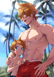 Rule 34 | 2boys, abs, age difference, blue hair, blue sky, brothers, cloud, freckles, genshin impact, hand on another&#039;s shoulder, hand on another&#039;s waist, hand on own hip, highres, hill, looking at viewer, male focus, male swimwear, multiple boys, muscular, muscular male, navel, nipples, open mouth, orange hair, palm tree, pectorals, pout, red male swimwear, siblings, signature, single arm hug, size difference, sky, tartaglia (genshin impact), teeth, teucer (genshin impact), tnoqina, tree, upper teeth only