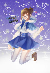 Rule 34 | 10s, 1girl, 2016, absurdres, beads, blue-framed eyewear, blue bow, blue bowtie, blue skirt, boots, bow, bowtie, brown eyes, brown footwear, brown hair, cape, capelet, character name, closed mouth, dated, drone, eyelashes, fingernails, floating, fur-trimmed boots, fur-trimmed cape, fur trim, glasses, hair bun, hair ornament, hair stick, hand up, highres, knee boots, lace, lace-trimmed skirt, lace trim, long sleeves, machinery, matching hair/eyes, mei (overwatch), overwatch, overwatch 1, pink lips, robot, shirt, short hair, sidelocks, single hair bun, skirt, snowball (overwatch), snowflake hair ornament, solo, star-shaped pupils, star (symbol), striped clothes, striped thighhighs, symbol-shaped pupils, thighhighs, vertical-striped clothes, vertical-striped thighhighs, white shirt