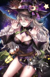 Rule 34 | absurdres, belt, black hairband, breasts, cleavage, corrin (female) (fire emblem), corrin (fire emblem), earrings, fingernails, fire emblem, fire emblem fates, fire emblem heroes, fireworks, hairband, hat, highres, jewelry, lantern, large breasts, nintendo, official alternate costume, pointy ears, red eyes, sobasakuhin, thighs, white hair, witch, witch hat