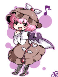 Rule 34 | 1girl, bird wings, black footwear, blush stickers, boots, brown dress, brown hat, cross-laced footwear, dress, eighth note, fang, full body, hammer (sunset beach), hat, knee boots, lace-up boots, long sleeves, musical note, mystia lorelei, open mouth, pink hair, short hair, smile, solo, touhou, white wings, winged hat, wings