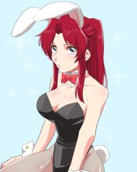 Rule 34 | 1girl, absurdres, animal ears, bare shoulders, breasts, rabbit ears, rabbit tail, cleavage, cowboy shot, detached collar, fake animal ears, fishnet pantyhose, fishnets, flay allster, grey eyes, gundam, gundam seed, highres, large breasts, lips, lipstick, looking at viewer, makeup, pantyhose, pink lips, playboy bunny, red hair, shiina yousei, sidelocks, sitting, solo, tail, wrist cuffs