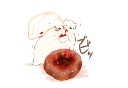 Rule 34 | animal, bear, burger, carrying, chai (drawingchisanne), commentary request, food, food focus, highres, ketchup, no humans, original, polar bear, signature, splatter, undersized animal, veins, white background