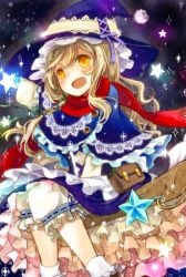 Rule 34 | 1girl, adapted costume, apron, blonde hair, bloomers, blue dress, blue ribbon, blush, braid, broom, broom riding, capelet, dress, frilled dress, frills, green ribbon, hair ribbon, hat, hat ribbon, holding, holding clothes, holding hat, kinsenka, kirisame marisa, long hair, long sleeves, looking at viewer, red scarf, ribbon, scarf, shuu (syuuuuuuuuuu), solo, star (symbol), starry background, touhou, underwear, waist apron, witch hat, yellow eyes