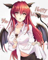 Rule 34 | 1girl, bat wings, black skirt, breasts, candy, chocolate, chocolate heart, cleavage, collarbone, cowboy shot, demon tail, fang, food, gmbird 511, hair behind ear, hair between eyes, head wings, heart, holding, holding clothes, holding shirt, koakuma, large breasts, light blush, long hair, long sleeves, looking at viewer, navel, open mouth, red eyes, red hair, shirt, simple background, skirt, solo, tail, touhou, valentine, very long hair, white background, white shirt, wings