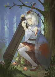 Rule 34 | 1girl, absurdres, animal ears, bare shoulders, black skirt, closed mouth, day, detached sleeves, closed eyes, forest, from side, full body, geta, googerm, grass, greatsword, hands up, hat, highres, hilt, huge weapon, inubashiri momiji, leaf, leaf print, leaning on object, maple leaf, multicolored clothes, multicolored skirt, mushroom, nature, outdoors, pom pom (clothes), red skirt, ribbon-trimmed sleeves, ribbon trim, sheath, sheathed, shield, shirt, short hair, silver hair, sitting, skirt, sleeping, sleeveless, sleeveless shirt, solo, sword, thighhighs, toes, tokin hat, touhou, tree, tree stump, weapon, white shirt, white thighhighs, wide sleeves, wolf ears, zettai ryouiki
