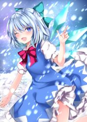 Rule 34 | 1girl, ;d, aqua bow, blue dress, blue eyes, blue hair, blue wings, blush, bow, cirno, detached wings, dress, fang, frilled dress, frills, hair between eyes, hair bow, hand up, ice, ice wings, nanase nao, one eye closed, open mouth, puffy short sleeves, puffy sleeves, red bow, shirt, short sleeves, sleeveless, sleeveless dress, smile, snow, snowing, solo, touhou, white shirt, wings