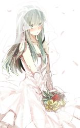 Rule 34 | 1girl, bad id, bad pixiv id, blush, bouquet, bridal veil, cross, cross necklace, dress, elbow gloves, flower, gloves, green eyes, green hair, highres, jewelry, kagerou project, kido tsubomi, long hair, mekakushi code (vocaloid), mitsu yomogi, necklace, petals, rose, smile, solo, veil, vocaloid, wedding dress