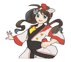 Rule 34 | 1girl, blue eyes, brown hair, clenched hand, creatures (company), game freak, highres, hilda (pokemon), hilda (summer 2022) (pokemon), looking at viewer, nintendo, official alternate costume, open mouth, po posan, pokemon, pokemon masters ex, sash, shorts, simple background, smile, solo, white background, white shorts