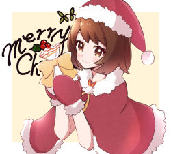 Rule 34 | 1girl, alternate costume, bag, blush, bob cut, border, brown eyes, brown hair, christmas, closed mouth, commentary request, creatures (company), game freak, gloria (pokemon), haru (haruxxe), hat, holding, holding bag, merry christmas, mittens, nintendo, one-hour drawing challenge, pokemon, pokemon swsh, red hat, red mittens, santa hat, short hair, smile, solo, split mouth, white border