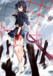 Rule 34 | 1girl, bare legs, black hair, blue eyes, breasts, commentary request, from behind, gloves, highres, holding, kill la kill, looking at viewer, matoi ryuuko, midriff, multicolored hair, outdoors, panties, red gloves, red hair, school uniform, scissor blade (kill la kill), serafuku, short hair, single glove, skirt, solo, torn clothes, two-tone hair, underwear, white panties, yoshio (55level)