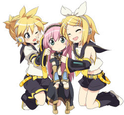 Rule 34 | 3girls, :d, ^ ^, blonde hair, blue eyes, closed eyes, commentary, detached sleeves, closed eyes, girl sandwich, grabbing another&#039;s hair, ixy, kagamine len, kagamine rin, long hair, megurine luka, midriff, multiple girls, navel, one eye closed, open mouth, pink hair, purple hair, pushing away, ribbon, sandwiched, short hair, siblings, skirt, smile, time paradox, twins, vocaloid, aged down
