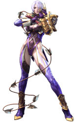 Rule 34 | absurdres, breasts, cleavage, hair over one eye, highres, isabella valentine, kawano takuji, namco, namco bandai, official art, purple hair, short hair, simple background, solo, soul calibur, soulcalibur, soulcalibur v, weapon, whip sword