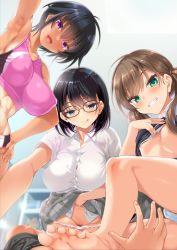 Rule 34 | 1boy, 3girls, abs, armpits, black hair, blue panties, blush, breasts, brown hair, cameltoe, cle masahiro, closed mouth, clothes lift, clothes pull, collared shirt, fang, feet, female pubic hair, flat chest, footjob, glasses, green eyes, grey skirt, grin, half-closed eyes, highres, indoors, large breasts, licking lips, lifting own clothes, lips, long hair, looking at viewer, mole, mole under eye, mole under mouth, multiple girls, muscular, muscular female, nipples, no bra, open mouth, original, panties, panty pull, pleated skirt, pov, pubic hair, pussy, pussy peek, school uniform, shirt, shirt lift, short hair, short sleeves, shorts, shorts pull, sideboob, sidelocks, skin fang, skirt, skirt lift, small breasts, smile, sweat, sweater vest, tan, thighs, toes, tongue, tongue out, twintails, underwear, vest lift, white panties, white shirt