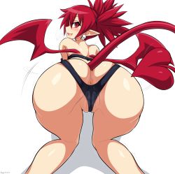 Rule 34 | 1girl, all fours, anus, anus only, ass, backless panties, bat wings, cleft of venus, demon girl, demon wings, disgaea, earrings, elbow gloves, etna (disgaea), female focus, from behind, gloves, heart, heart tail, highres, huge ass, jadf, jewelry, looking at viewer, looking back, makai senki disgaea, open mouth, panties, pointy ears, red eyes, red hair, simple background, skull earrings, smile, solo, tail, twintails, uncensored, underwear, v-string, white background, wide hips, wings