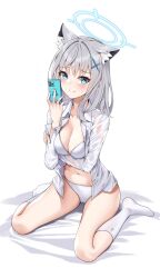 Rule 34 | 1girl, animal ear fluff, animal ears, arm under breasts, blue archive, blue eyes, blush, bra, breasts, cellphone, cleavage, closed mouth, collared shirt, cross hair ornament, full body, grey hair, hair down, hair ornament, halo, highres, holding, holding phone, long hair, long sleeves, looking at viewer, matrix16, medium breasts, mismatched pupils, navel, panties, phone, raised eyebrows, shiroko (blue archive), shirt, sitting, smartphone, socks, solo, stomach, sweatdrop, thighs, underwear, wariza, white bra, white panties, white shirt, white socks, wolf ears