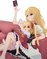 Rule 34 | 100th black market, 2girls, absurdres, aged down, arm up, barefoot, between fingers, blonde hair, bloomers, buttons, card, child, couch, crystal, esthoric, fang, feet, flandre scarlet, grin, highres, holding, holding card, indoors, kirisame marisa, looking away, multicolored buttons, multiple girls, no headwear, red eyes, red vest, short sleeves, skin fang, smile, toes, touhou, underwear, vest, wings