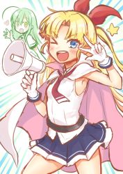 Rule 34 | &gt; o, 2girls, :d, ;d, ahoge, blonde hair, blue eyes, blue skirt, blush, breasts, brown eyes, busou shoujo machiavellism, cape, gloves, green hair, hair ribbon, hanasaka warabi, heart, holding, holding megaphone, long hair, megaphone, multicolored cape, multicolored clothes, multiple girls, nakamura hinato, one eye closed, open mouth, parted bangs, pink cape, pleated skirt, ponytail, red neckwear, red ribbon, ribbon, shirt, sketch, skirt, sleeveless, sleeveless shirt, small breasts, smile, tamaba satori, teeth, two-sided cape, two-sided fabric, upper teeth only, v-shaped eyebrows, v over eye, very long hair, white cape, white gloves, white shirt