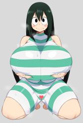 Rule 34 | 1girl, :&gt;, alternate breast size, asui tsuyu, bare shoulders, black eyes, blush stickers, boku no hero academia, breast lift, breasts, breath, censored, chamchami, closed mouth, commentary, covered collarbone, covered navel, english commentary, full body, green hair, green one-piece swimsuit, grey background, hair between eyes, heart, heart censor, huge breasts, impossible clothes, impossible swimsuit, kneeling, long hair, looking at viewer, one-piece swimsuit, plump, shiny clothes, sidelocks, simple background, solo, straight hair, striped clothes, striped one-piece swimsuit, swimsuit, wet, white one-piece swimsuit