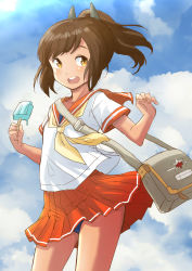 Rule 34 | 1girl, bag, blue one-piece swimsuit, blue sky, brown eyes, brown hair, cloud, commentary request, contrapposto, cowboy shot, food, fuji (pixiv24804665), hair ornament, highres, i-401 (kancolle), kantai collection, looking at viewer, neckerchief, one-piece swimsuit, open mouth, orange sailor collar, orange skirt, pleated skirt, ponytail, popsicle, round teeth, sailor collar, school uniform, serafuku, skirt, sky, smile, solo, swimsuit, swimsuit under clothes, teeth, upper teeth only, yellow neckerchief