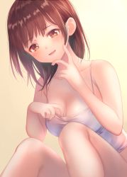 Rule 34 | 1girl, :d, bare legs, bare shoulders, blush, breasts, brown eyes, brown hair, camisole, cleavage, collarbone, hand on own face, head tilt, knees up, large breasts, leaning forward, long hair, looking at viewer, nishizawa, open mouth, original, parted lips, seductive smile, simple background, sitting, smile, solo, spaghetti strap, yellow background