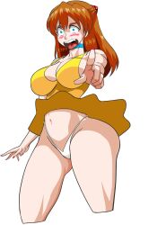 Rule 34 | 1girl, absurdres, alcione makoto, alternate breast size, bare legs, blue eyes, breasts, cleavage, clothes lift, covered navel, dress, dress lift, embarrassed, highres, index finger raised, large breasts, legs, lips, neon genesis evangelion, orange hair, panties, short dress, solo, souryuu asuka langley, sundress, thick thighs, thighs, thong, tsundere, underwear, white panties, wide hips, yellow dress