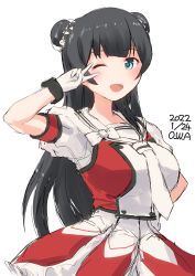 Rule 34 | 1girl, agano (kancolle), artist name, black hair, buttons, cosplay, cowboy shot, dated, double-breasted, double bun, dress, gloves, green eyes, hair bun, highres, kantai collection, long hair, looking at viewer, naka (kancolle), naka (kancolle) (cosplay), naka kai ni (kancolle), necktie, owa (ishtail), puffy short sleeves, puffy sleeves, sailor collar, school uniform, serafuku, short sleeves, simple background, solo, v, white background, white dress, white gloves, white necktie, white sailor collar