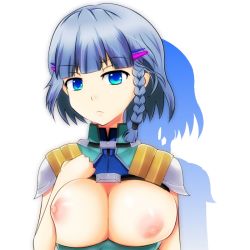 Rule 34 | 1girl, banpresto, blue eyes, braid, breasts, breasts out, cleavage, frown, hair ornament, hairclip, ken (chamcham7), large breasts, looking at viewer, nipples, seolla schweizer, shadow, short hair, side braid, silver hair, simple background, single braid, solo, super robot wars, super robot wars original generation, white background