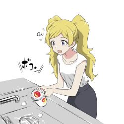 Rule 34 | 1girl, black skirt, blonde hair, blush, breasts, collarbone, cowboy shot, cup ramen, dot nose, emily stewart, eyelashes, fluffy hair, highres, holding, idolmaster, idolmaster million live!, idolmaster million live! theater days, instant soba, long hair, looking at object, matcha kingyo, open mouth, parted bangs, purple eyes, shirt, sidelocks, simple background, sink, skirt, sleeveless, sleeveless shirt, small breasts, solo, standing, surprised, twintails, white background, white shirt