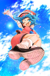 Rule 34 | 1girl, ;d, arm up, blue eyes, blue hair, blue sky, cloud, day, foreshortening, harusame (unmei no ikasumi), hat, highres, juliet sleeves, long sleeves, matching hair/eyes, merlin prismriver, motion blur, one eye closed, open mouth, puffy sleeves, shirt, skirt, skirt set, sky, smile, solo, touhou, vest