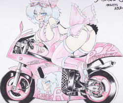 Rule 34 | 1girl, alternate costume, ass, bare shoulders, bent over, blue eyes, blue hair, blush, boots, breasts, female focus, frills, goggles, goggles on head, hat, heart, large breasts, looking at viewer, matching hair/eyes, merlin prismriver, motor vehicle, motorcycle, okiraku nikku, pink footwear, pink thighhighs, sketch, solo, thighhighs, touhou, traditional media, vehicle