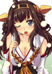 Rule 34 | 10s, 1girl, ;o, ahoge, blue eyes, braid, breasts, brown hair, cleavage, detached sleeves, hairband, japanese clothes, kantai collection, kongou (kancolle), one eye closed, open mouth, personification, solo, umino mokuzu (shizumisou), wink
