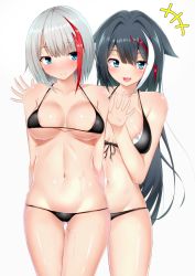 Rule 34 | +++, 2girls, :d, absurdres, admiral graf spee (azur lane), areola slip, arms behind back, azur lane, bare shoulders, bikini, black bikini, black hair, blue eyes, blunt bangs, blush, breasts, cleavage, closed mouth, collarbone, commentary request, cowboy shot, deutschland (azur lane), deutschland (service time?!) (azur lane), fang, front-tie bikini top, front-tie top, gluteal fold, groin, growing naru, hair between eyes, hair intakes, highres, long hair, looking at another, looking at viewer, medium breasts, midriff, multicolored hair, multiple girls, navel, open mouth, red hair, short hair, sidelocks, simple background, skin fang, smile, standing, streaked hair, sweat, swimsuit, underboob, very long hair, white background, white hair