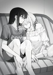 Rule 34 | 2girls, barefoot, chinese commentary, closed eyes, closed mouth, commentary request, couch, dress, greyscale, hair ribbon, hand on another&#039;s hand, head on another&#039;s shoulder, highres, inoue takina, long hair, lycoris recoil, medium hair, monochrome, multiple girls, nishikigi chisato, off-shoulder dress, off shoulder, on couch, overalls, ribbon, shirt, short sleeves, sitting, sleeping, sleeping on person, yanlingjinshilihuahua, yuri