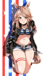 Rule 34 | 1girl, animal ears, bandeau, bare legs, belt, black belt, black jacket, blonde hair, blue eyes, blue ribbon, blush, boots, bow, commentary request, cutoffs, denim, denim shorts, drop shadow, ear ribbon, gloves, gold city (umamusume), horse ears, jacket, kakuteru sudachi, long hair, long sleeves, looking at viewer, midriff, navel, open clothes, open jacket, partial commentary, ribbon, short shorts, shorts, single glove, smile, solo, stomach, strapless, striped bandeau, thigh strap, thighs, tube top, umamusume, white background, white footwear, white gloves
