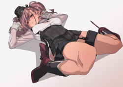 Rule 34 | 1girl, atlanta (kancolle), black eyes, black hat, black skirt, blush, boots, breasts, closed mouth, earrings, fu-ta, garrison cap, garter straps, gloves, grey background, hat, headgear, high-waist skirt, jewelry, kantai collection, large breasts, long hair, long sleeves, looking at viewer, lying, on back, partially fingerless gloves, pink hair, rudder footwear, shadow, simple background, single earring, skirt, solo, star (symbol), star earrings, suspender skirt, suspenders, sweat, two side up
