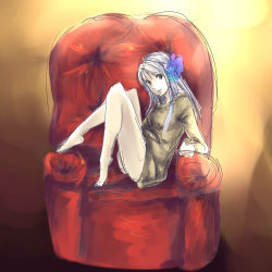 Rule 34 | 1girl, aerlai, armchair, barefoot, bottomless, chair, flower, full body, gwendolyn (odin sphere), hair flower, hair ornament, highres, long hair, naked sweater, odin sphere, purple eyes, red upholstery, silver hair, sitting, smile, solo, sweater, valkyrie