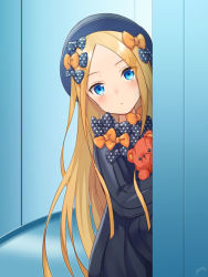 Rule 34 | 1girl, abigail williams (fate), bad id, bad pixiv id, black bow, black dress, black hat, blonde hair, blue eyes, blush, bow, closed mouth, dress, fate/grand order, fate (series), forehead, hair bow, hat, holding, holding stuffed toy, long hair, long sleeves, looking at viewer, multiple hair bows, orange bow, parted bangs, polka dot, polka dot bow, ribbed dress, saki usagi, solo, stuffed animal, stuffed toy, teddy bear
