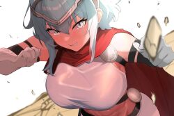 Rule 34 | 1girl, abs, ahonoko, blue hair, breasts, cape, circlet, dagr (fire emblem), fire emblem, fire emblem heroes, gloves, grey eyes, grin, hair ornament, headpiece, highres, large breasts, light blue hair, looking at viewer, midriff, muscular, muscular female, nintendo, red cape, short hair, sleeveless, smile, solo, upper body, white gloves