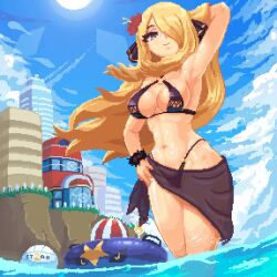 Rule 34 | 1girl, animated, arm behind head, arm up, armpits, ball, beach, beachball, bikini, black bikini, black ribbon, blonde hair, blue sky, blush, breasts, cleavage, cloud, creatures (company), cup, curvy, cynthia (pokemon), drinking glass, floating hair, game freak, garchomp, gen 3 pokemon, gen 4 pokemon, glass, grey eyes, hair over one eye, hair ribbon, hand on own hip, innertube, itzah, large breasts, legs, lens flare, long hair, looking at viewer, looping animation, model pose, navel, nintendo, ocean, outdoors, pixel art, pokemon, pokemon bw, ribbon, sarong, sky, smile, solo, sound, sun, swim ring, swimsuit, thick thighs, thighs, thong bikini, very long hair, video, volleyball (object), water, waves, wine glass