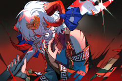 Rule 34 | 1girl, ambiguous red liquid, bare shoulders, blue ribbon, blue shirt, blue sleeves, bridal gauntlets, commentary request, detached sleeves, eye print, fingernails, grin, highres, holding, horn ornament, horn ribbon, horns, looking at viewer, meandros, medium hair, red eyes, red horns, ribbon, sharp fingernails, sharp teeth, shirt, smile, solo, teeth, tokinhr, touhou, toutetsu yuuma, white hair