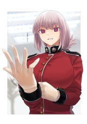 Rule 34 | 1girl, braid, breasts, buttons, fate/grand order, fate (series), florence nightingale (fate), folded ponytail, gachou, glasses, gloves, highres, jacket, large breasts, long hair, long sleeves, looking at viewer, open clothes, open jacket, parted lips, pink eyes, pink hair, putting on gloves, red jacket, single braid, translation request, white gloves