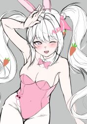 Rule 34 | :d, alice (nikke), alice (wonderland bunny) (nikke), animal ears, arm up, bare shoulders, blush, breasts, carrot hair ornament, cleavage, collarbone, covered navel, fake animal ears, food-themed hair ornament, goddess of victory: nikke, grey hair, hair between eyes, hair intakes, hair ornament, leotard, long hair, looking at viewer, medium breasts, one eye closed, open mouth, pantyhose, pink eyes, pink leotard, playboy bunny, rabbit ears, sidelocks, smile, ssa (kiseion), strapless, strapless leotard, thigh gap, twintails, unfinished, white pantyhose