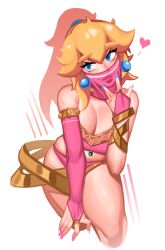 Rule 34 | 1girl, absurdres, bad id, bad twitter id, blonde hair, blue eyes, breasts, cleavage, crossover, earrings, gerudo, highres, jewelry, kevbot, mario (series), nail polish, nintendo, ponytail, princess peach, revealing clothes, smile, solo, sphere earrings, the legend of zelda, thick lips, veil, white background