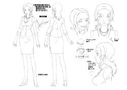 Rule 34 | 1girl, absurdres, ass, breasts, character sheet, cleavage, clenched teeth, close-up, concept art, curvy, full body, highres, jewelry, kashiwagi noriko, large breasts, lips, looking at viewer, medium hair, monochrome, multiple views, necklace, non-web source, official art, one-piece swimsuit, persona, persona 4, scan, simple background, sketch, skirt, smile, swimsuit, teeth, text focus, translation request, upper body, wide hips