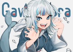 Rule 34 | 1girl, blue eyes, blue hair, blunt bangs, bubble, character name, commentary request, fins, fish tail, gawr gura, hair ornament, highres, hololive, hololive english, hood, medium hair, multicolored hair, shark girl, shark hair ornament, shark tail, sharp teeth, silver hair, solo, streaked hair, tail, teeth, two side up, virtual youtuber, wide sleeves, yami ga fukami