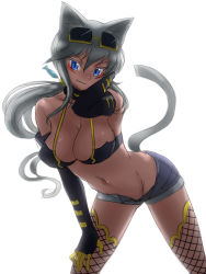 Rule 34 | 1girl, animal ears, arm behind head, blue eyes, breasts, cat ears, cat tail, cleavage, colored eyelashes, dark-skinned female, dark skin, denim, denim shorts, elbow gloves, eyewear on head, facial mark, fang, fish, fishnets, gloves, grin, hand on own thigh, hand on thigh, highres, kaiten muten-maru, large breasts, leaning forward, long hair, michael f91, navel, ponytail, shamu meruruusa, short shorts, shorts, silver hair, simple background, sketch, slit pupils, smile, solo, sunglasses, tail, thighhighs