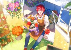 Rule 34 | 1boy, amagi rinne, apron, blue pants, closed eyes, collared shirt, commentary, ensemble stars!, flower, flower pot, grass, holding, holding flower, holding flower pot, male focus, open mouth, orange apron, pants, pink flower, plant, potted plant, purple flower, red hair, riri (artist), shirt, short hair, sitting, sleeves rolled up, solo, twitter username, yellow flower