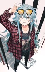 Rule 34 | 1girl, :q, adjusting eyewear, alternate costume, arm up, black pants, blue hair, blush stickers, closed mouth, collarbone, commentary, english text, eyewear on head, foreshortening, from above, g11 (girls&#039; frontline), girls&#039; frontline, grey eyes, half-closed eyes, highres, hood, hood down, hooded jacket, jacket, long hair, long sleeves, looking at viewer, looking up, messy hair, open clothes, open jacket, orange-tinted eyewear, pants, plaid, plaid jacket, print shirt, qr code, rabb horn, shadow, shirt, solo, standing, sunglasses, sweatpants, tinted eyewear, tongue, tongue out, white background